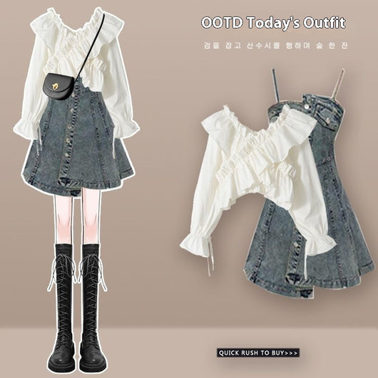 Conjunto Falda Denim con Tirantes para Mujer - Set de 2 Piezas