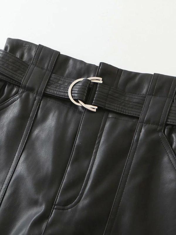Pantalón de Cuero Ajustado con Cinturón Encaje Versátil para Mujer