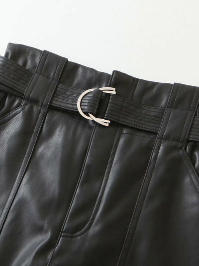 Pantalón de Cuero Ajustado con Cinturón Encaje Versátil para Mujer - Image 2