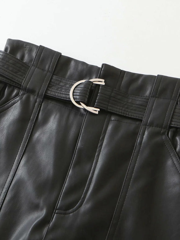 Pantalón de Cuero Ajustado con Cinturón Encaje Versátil para Mujer
