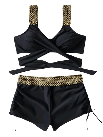 Black high-waisted bikini with gold sequin straps and waistband. Features a wrap-around top and boy short bottoms. - Image 7