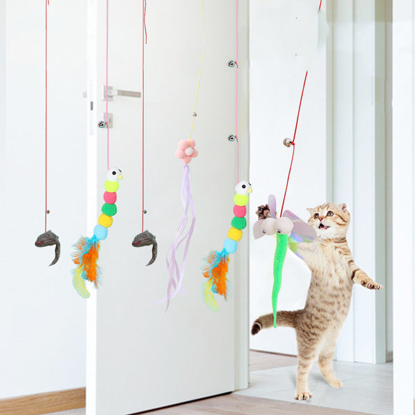 Two plush mouse cat toys, one gray and one white, with pink elastic ropes, bells, and suction cups.
