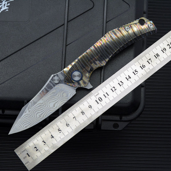 Cuchillo de Camping Plegable Acero Damasco Aleación Titanio Anker