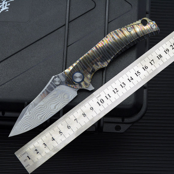 Cuchillo de Camping Plegable Acero Damasco Aleación Titanio Anker