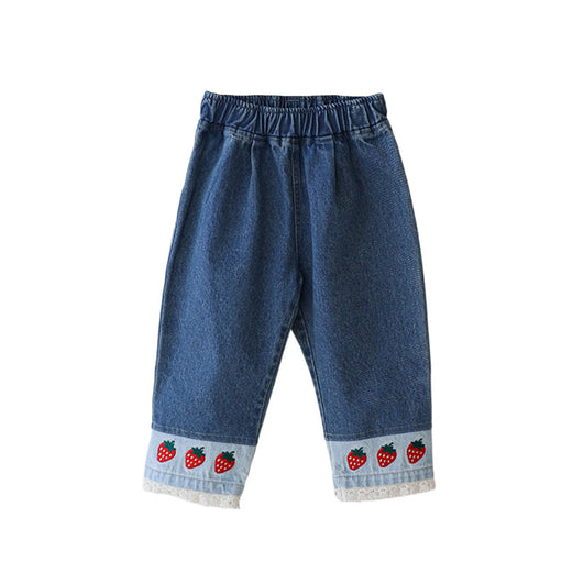 Jeans Casuales con Bordado de Fresa y Encaje - Image 5