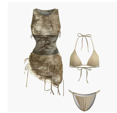 Three-piece swimsuit set featuring a tie-dye ruched mini cover-up dress and a beige triangle bikini with tie closures. - Image 12