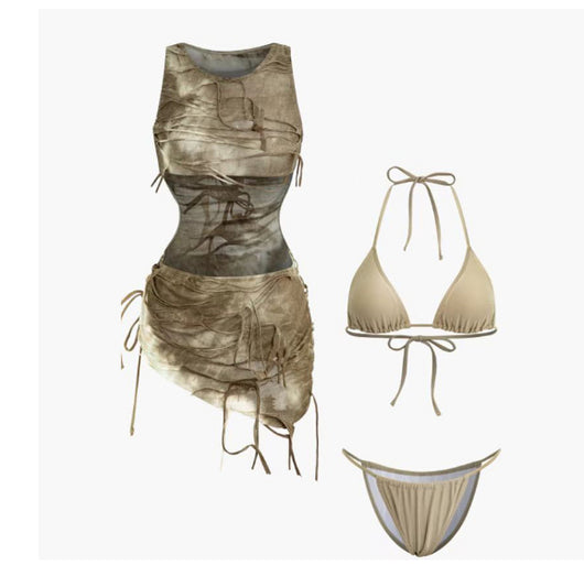 Three-piece swimsuit set featuring a tie-dye ruched mini cover-up dress and a beige triangle bikini with tie closures. - Image 12