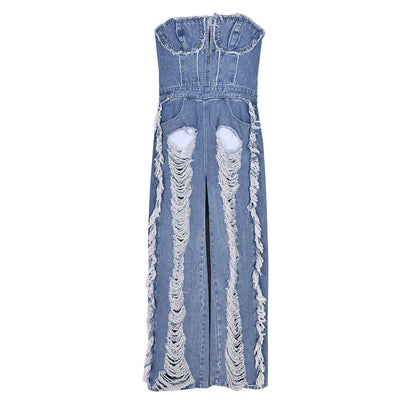 Mono Denim Ajustado con Detalles de Pedrería y Ojales Decorativos - Image 20