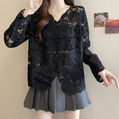 Blusa Larga de Encaje Calado con Mangas Largas para Mujer - Image 14