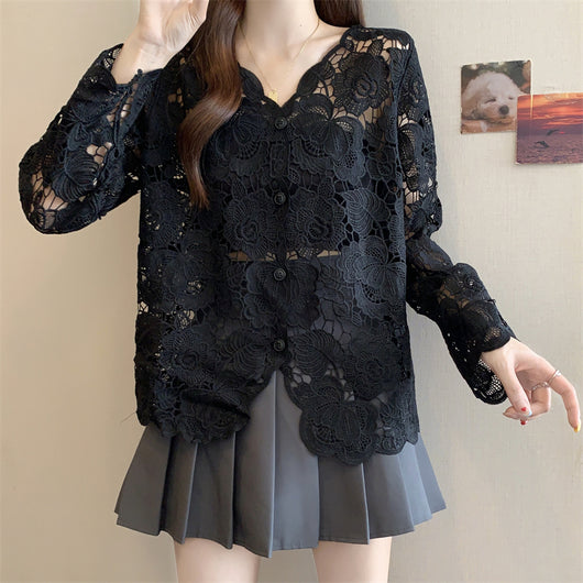 Blusa Larga de Encaje Calado con Mangas Largas para Mujer - Image 14