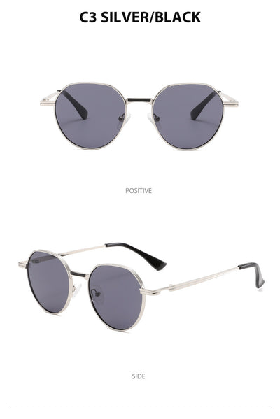 Round metal sunglasses with silver frames and dark gray lenses, featuring black temple tips, on a white background. - Image 33