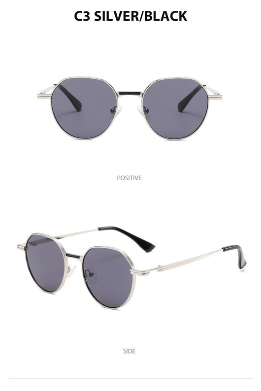 Round metal sunglasses with silver frames and dark gray lenses, featuring black temple tips, on a white background. - Image 33