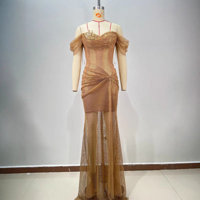 Vestido Largo Dorado Elegante Escote Descubierto Espalda Abierta Ajustado - Image 2
