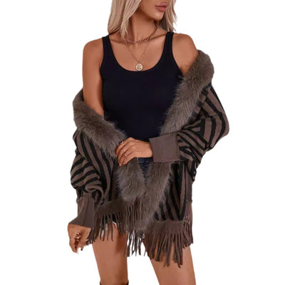 Poncho Tejido de Rayas Otoño Invierno con Flecos Elegante - Image 5
