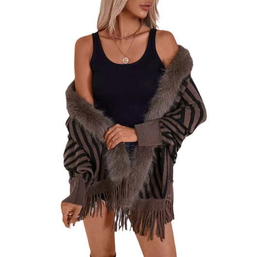 Poncho Tejido de Rayas Otoño Invierno con Flecos Elegante - Image 5