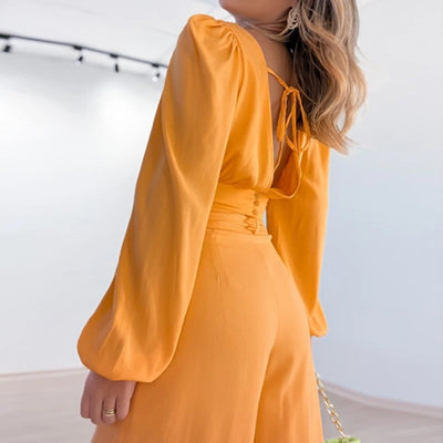 Conjunto Elegante de Blusa V-Neck y Pantalón Wide Leg de Cintura Alta - Image 9