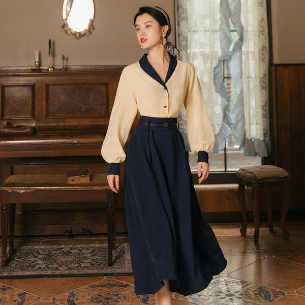 Conjunto Elegante Retro: Blusa de Temperamento y Falda Azul Marino