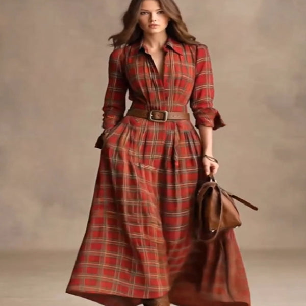 Vestido Camisero Elegante a Cuadros con Cuello Clásico