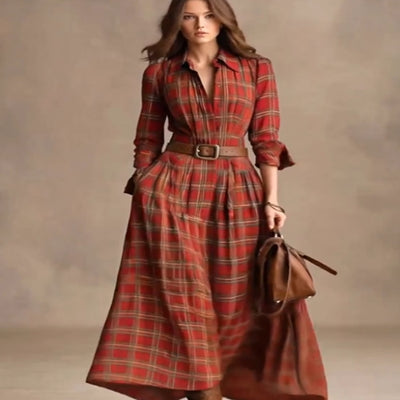 Vestido Camisero Elegante a Cuadros con Cuello Clásico