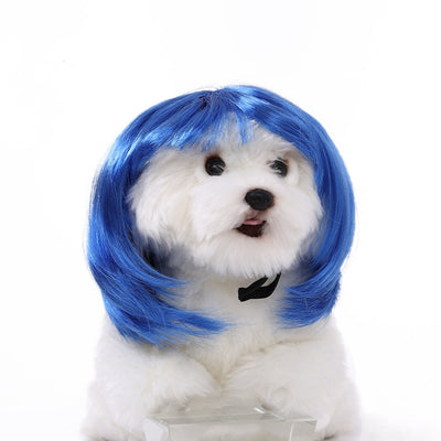 White fluffy dog plush toy wearing a short, straight grey bob wig with bangs and white tie ribbons. - Image 8