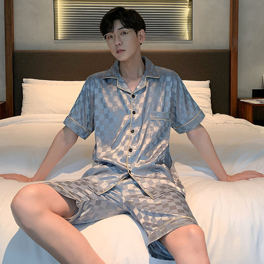 Pijama Hombre Verano Seda Hielo Talla Grande Manga Corta Jacquard Suave
