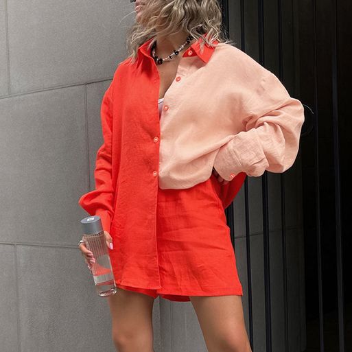 Conjunto de Blusa y Short Casual de Contraste en Manga Larga para Mujer - Image 16