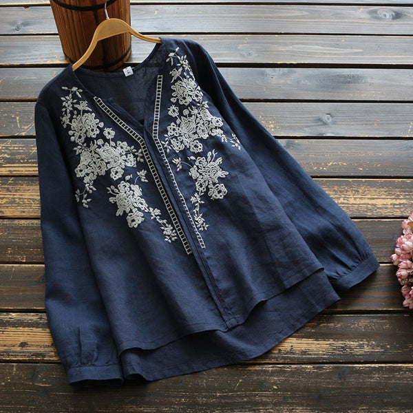 Blusa Vintage con Cuello en V y Bordado Artesanal