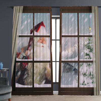 Pair of Christmas curtains with a 3D digital print of a snowy winter window scene, frosted trees, and snowflakes. - Image 11
