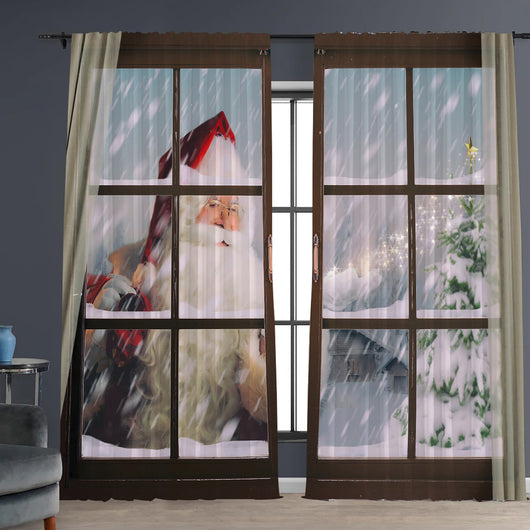Pair of Christmas curtains with a 3D digital print of a snowy winter window scene, frosted trees, and snowflakes. - Image 11