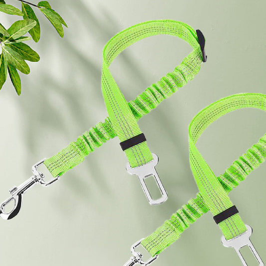 Black nylon automotive reflective webbing safety rope with a seatbelt buckle and a metal swivel snap hook.