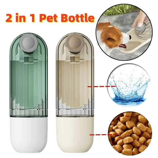 Beige and clear 2-in-1 pet water cup with segment design, 21.5cm tall, for dog walking and feeding.