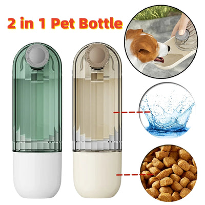 Beige and clear 2-in-1 pet water cup with segment design, 21.5cm tall, for dog walking and feeding.