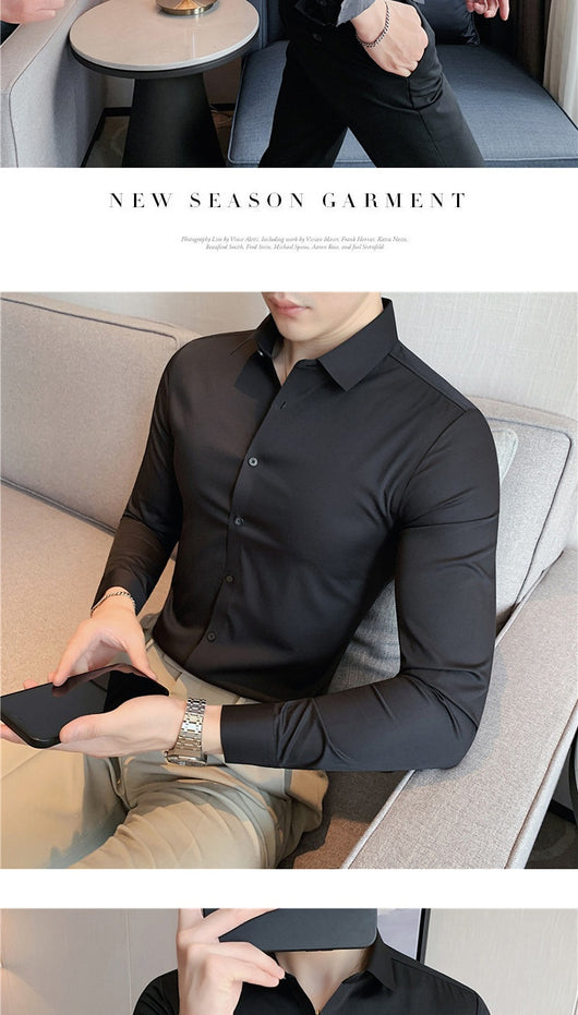 Camisa Ejecutiva Coreana Slim Fit de Punto Elástico para Hombre - Image 13