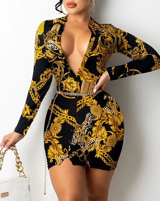 Vestido Midi Estampado Cuello en V Manga Larga - Image 9