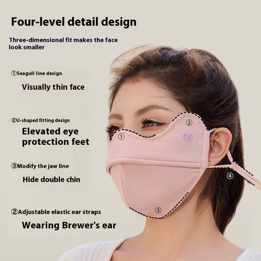 Woman wearing a grey outdoor cycling wind mask with ear hooks and a small heart logo, designed for cold-proof eye protection. - Image 3