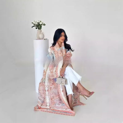 Cardigan Djellaba Étnico con Pliegues y Estampado - Capa Clásica de Moda - Image 3