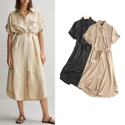 Vestido Camisero Suelto con Cinturón y Bolsillos