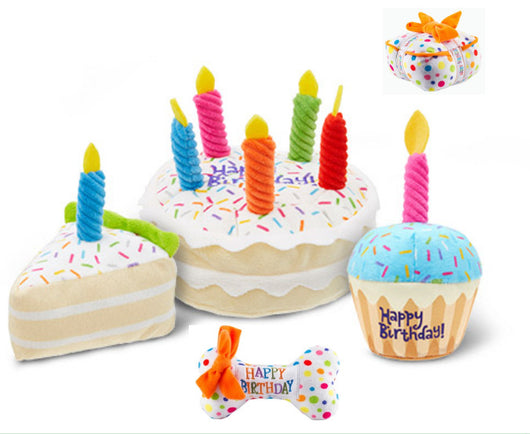 Plush pet toy shaped like a white gift box with colorful polka dots, an orange bow, and "HAPPY BIRTHDAY" ribbon. - Image 9