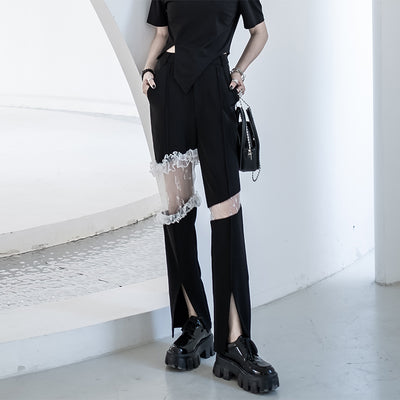 Pantalón Ancho Cintura Alta con Abertura Lateral y Encaje para Mujer - Image 19