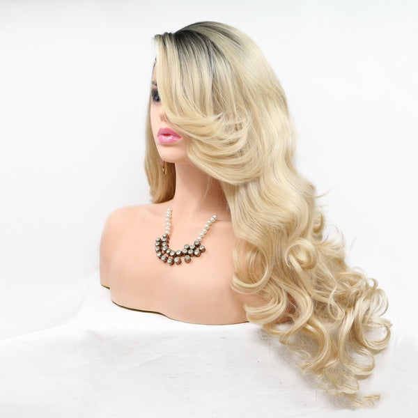 Peluca Rubia de Encaje Frontal con Flequillo Oblicuo