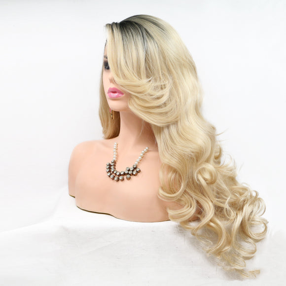 Peluca Rubia de Encaje Frontal con Flequillo Oblicuo