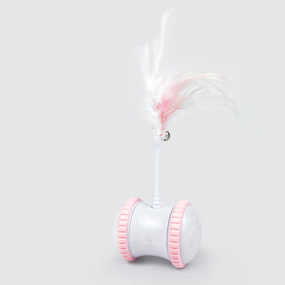 Purple and white interactive cat toy ball with a black wand and fluffy purple feathers. - Image 11