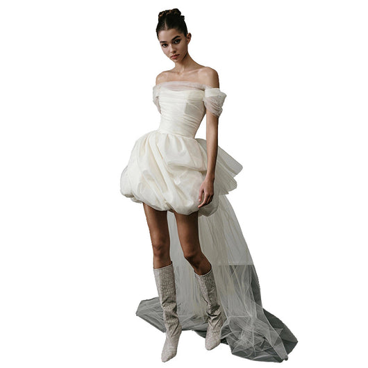 Vestido de Novia Blanco Corto con Hombros Descubiertos - Image 5