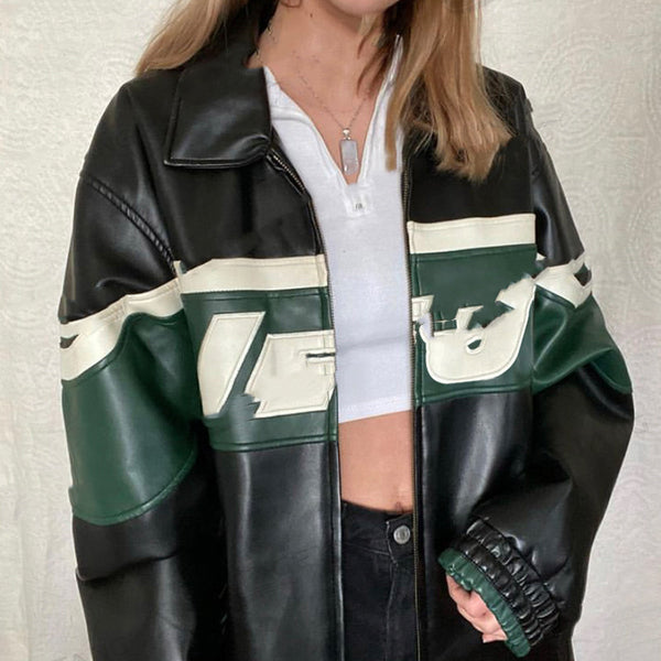 Chaqueta de Cuero Negra Estilo Retro Americano con Costuras de Letras