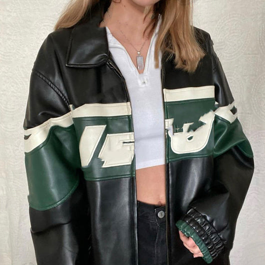 Chaqueta de Cuero Negra Estilo Retro Americano con Costuras de Letras