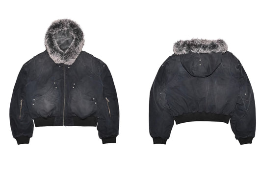 Chaqueta de Lona Lavada con Cuello de Piel y Tallado de Montaña Dividida - Image 3