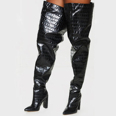Botas Over-the-Knee con Tacón Grueso y Patrón Cocodrilo para Mujer - Image 9
