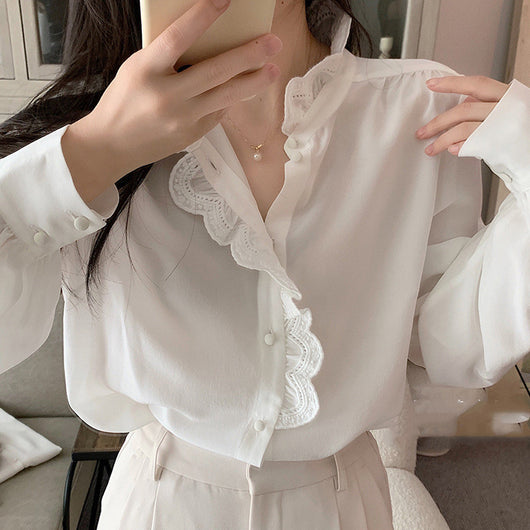Blusa Francesa Elegante con Cuello Parado y Mangas Abullonadas para Mujer - Image 8