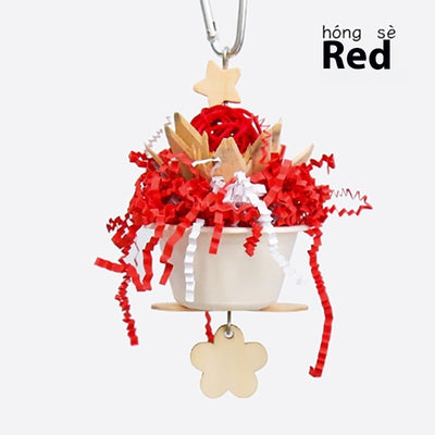 Blue parrot flower clump bite toy with shredded paper, wooden pieces, and a hanging metal clip. - Image 6