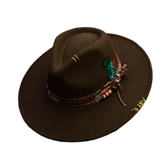 Sombrero Fedora de Fieltro de Lana con Diseño Occidental Artesanal y Pluma Decorativa